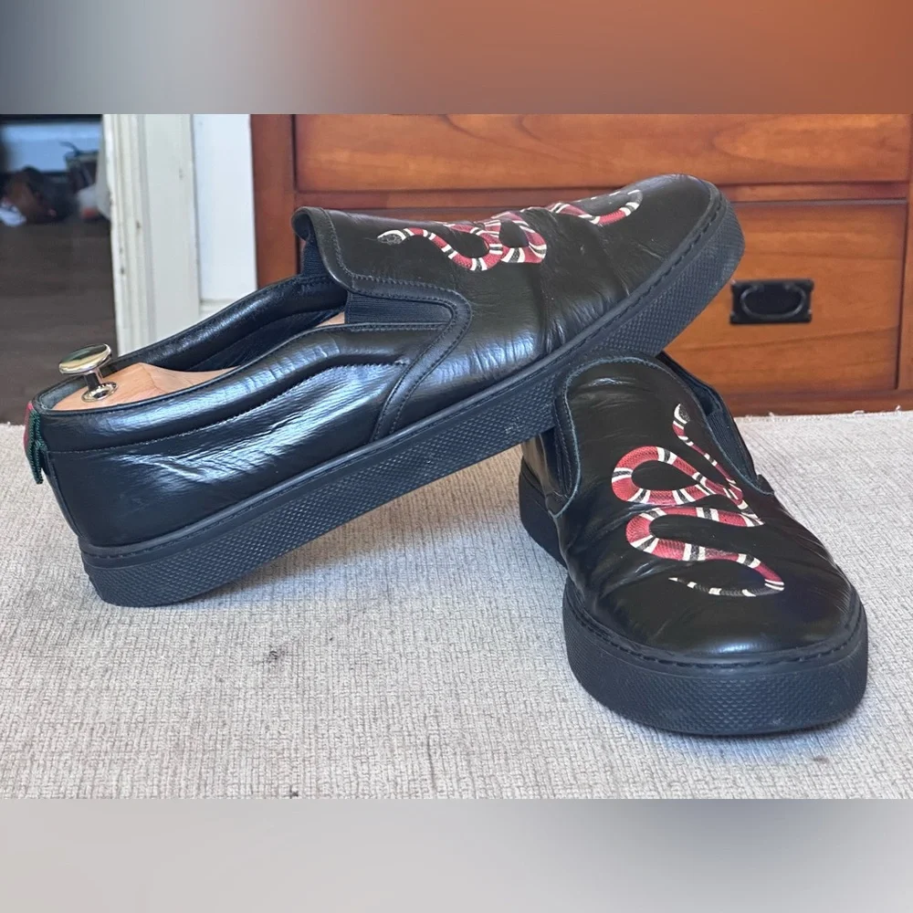 Gucci Snake Design Black Leather Men’s Slip-On Sneakers Size 12 G - Picture 7 of 13